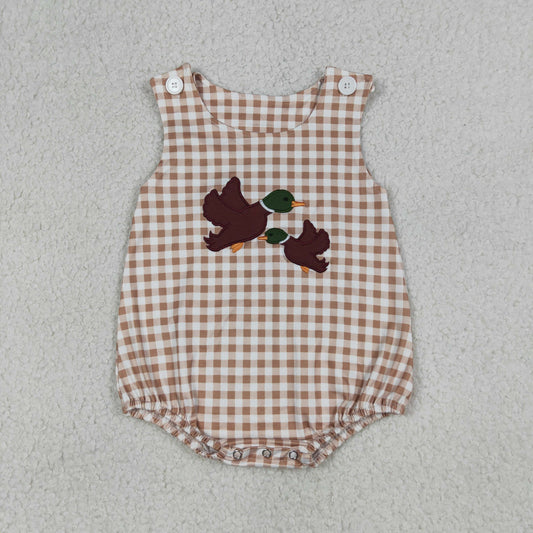 Baby Boys Kids Sleeveless Embroidery Ducks Plaid Bubble Romper RTS