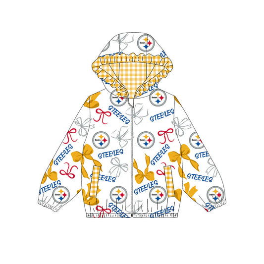 ( Moq 5 ) Baby Girls Kids Bows Cheer Pockets Orange Plaid Hoodie Zipper Team Jacket Tops