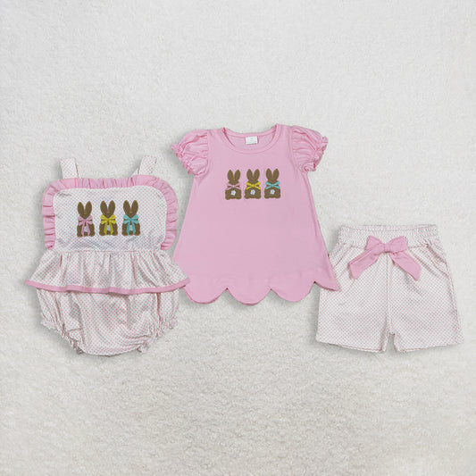Sibling Baby Girls Kids Embroidery Rabbits Easter Pink Ruffle Romper Set RTS