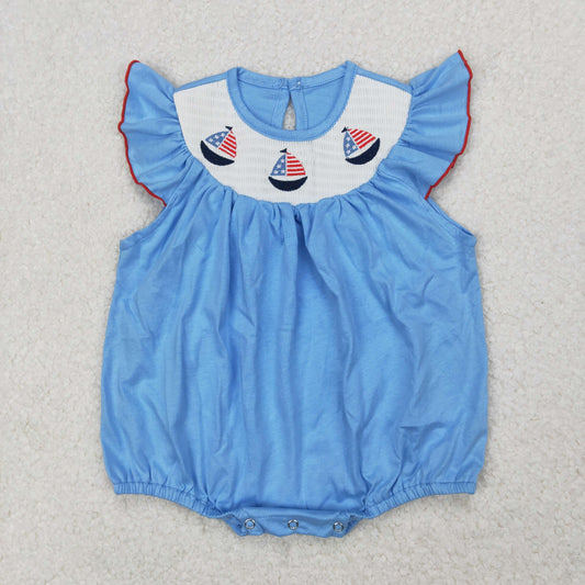 Baby Girl Infant Short Sleeves July 4th Embroidery Boats Blue Bubble Smocked Romper RTS