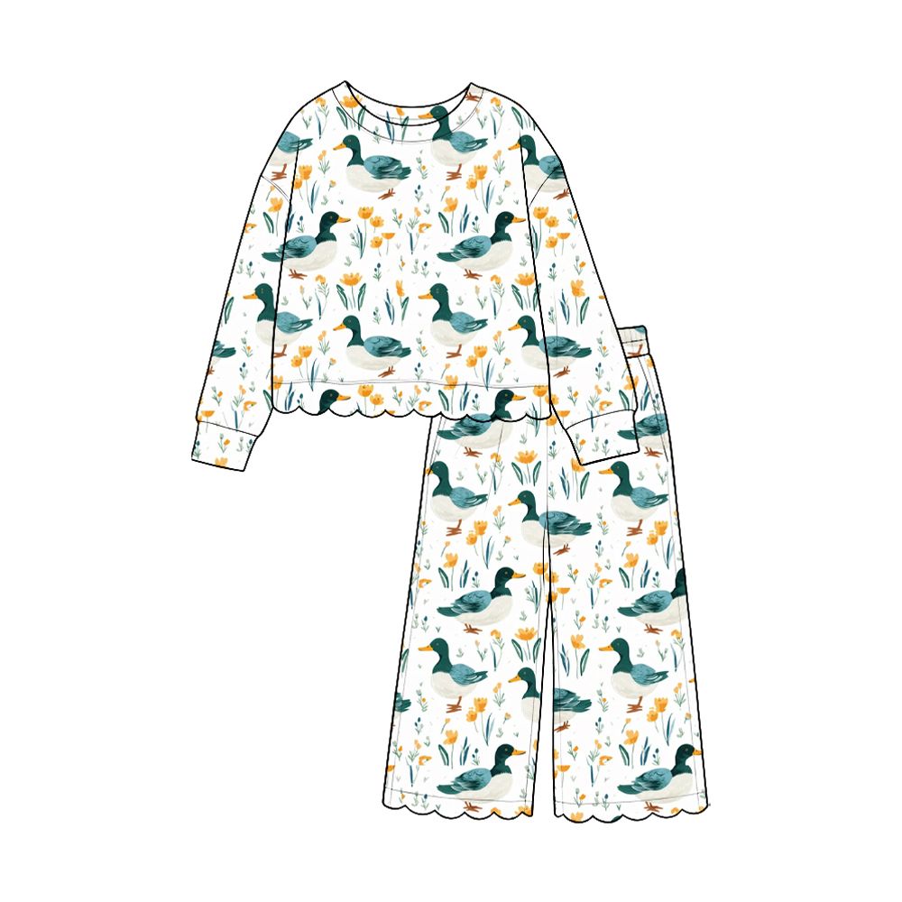 ( Moq 5 ) Preorder Baby Girls Kids Long Sleeves Ducks Flower Pants Scallop Set Clothes