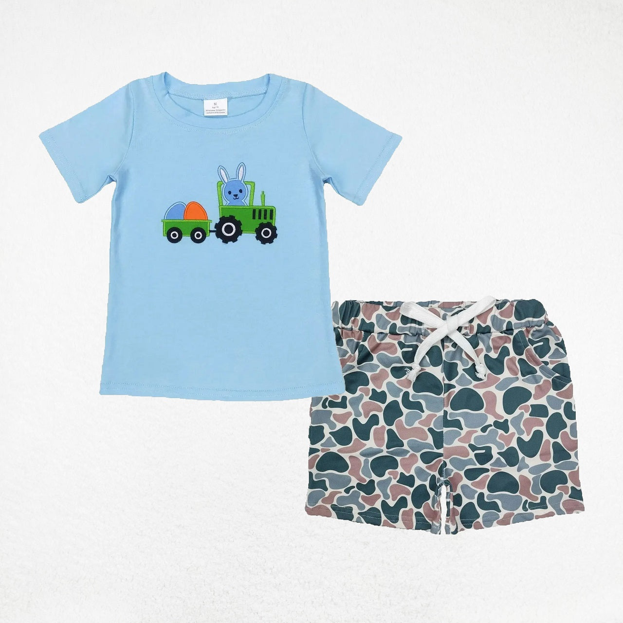 Baby Boy Easter Short Sleeves Embroidery Rabbit Egg Tractor Blue Shirt Camo Shorts Set