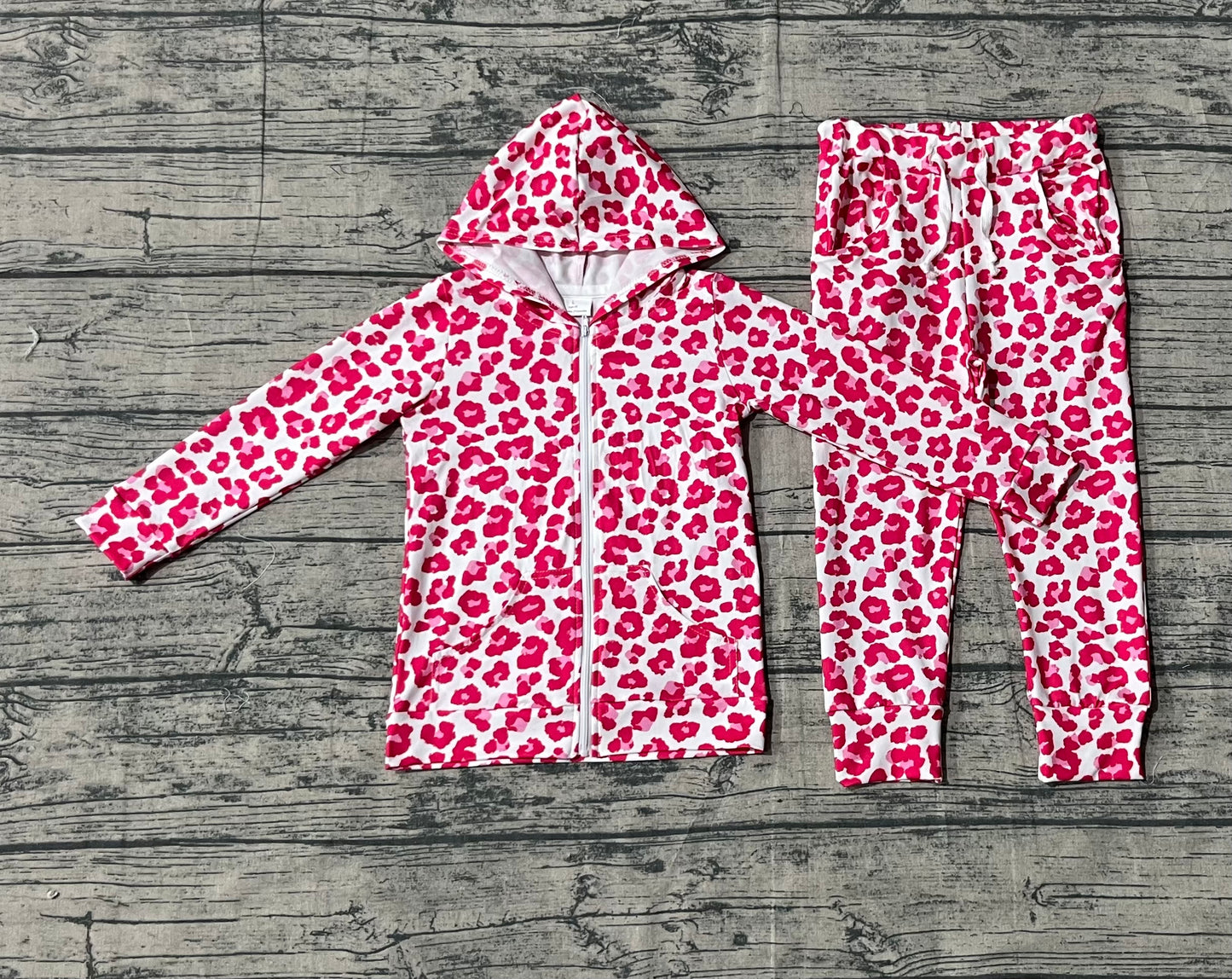 ( No moq ) Preorder Girls Kids Pink Leopard Hoodie Zipper Shirt Pockets Pants Clothes Set