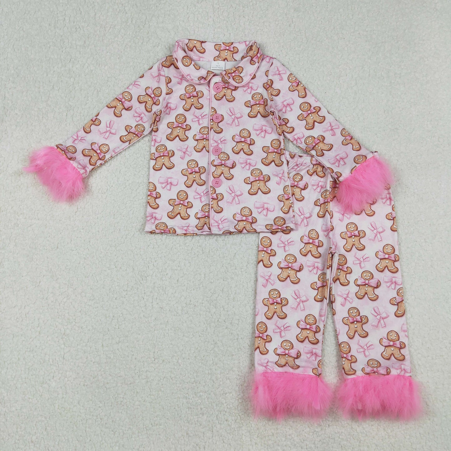 Baby Girl Pink Fur Long Sleeves Bows Gingerbread Buttons Shirt Pants Pajamas Christmas Set RTS