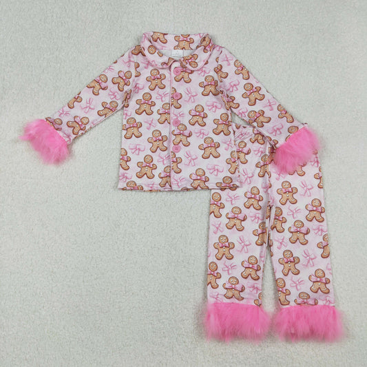 Baby Girl Pink Fur Long Sleeves Bows Gingerbread Buttons Shirt Pants Pajamas Christmas Set RTS