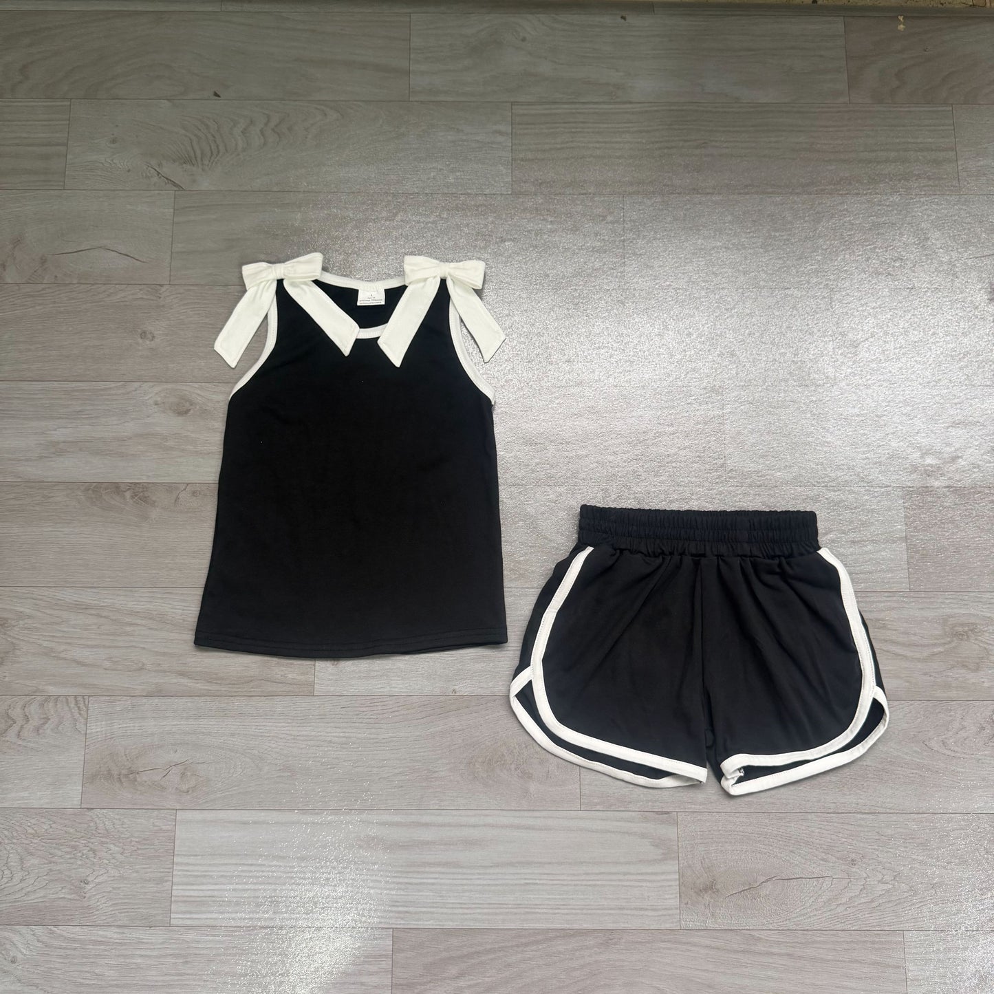 ( No moq ) Preorder Baby Girls Kids White Bows Shirt Shorts Black Set Summer Clothes