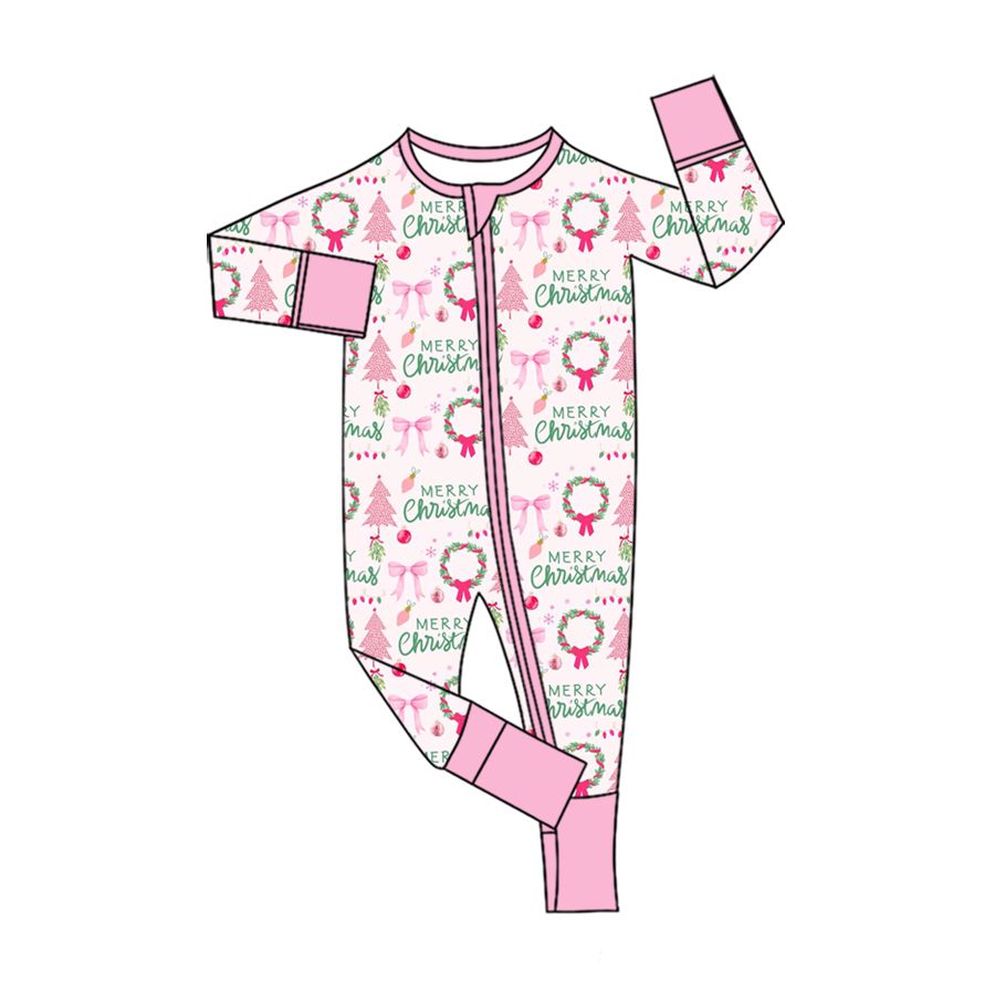 ( Moq 5 ) Preorder Baby Girls Infant Long Sleeves Bows Christmas Zipper Footie Sleeper Romper Clothes