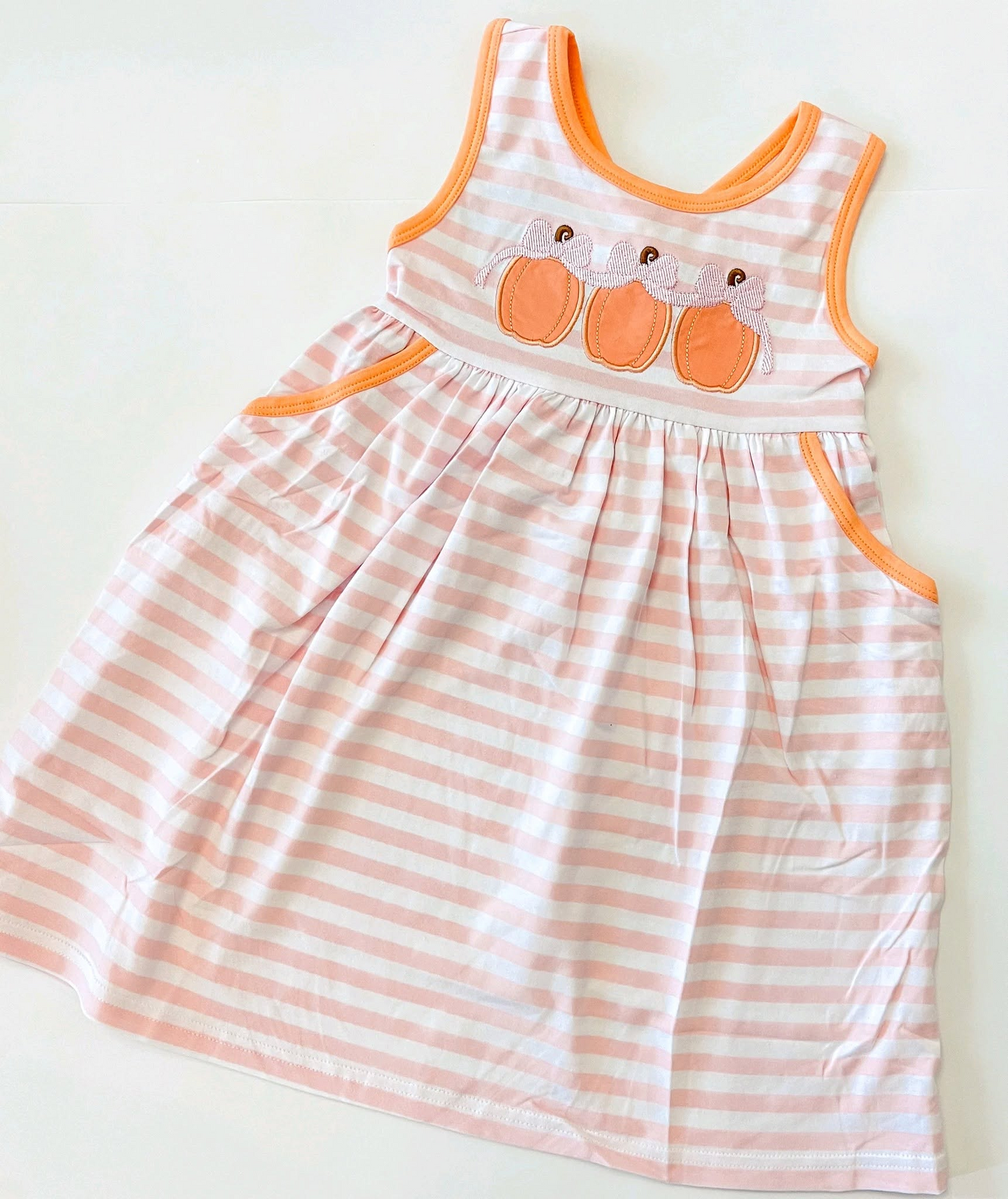 ( Moq 5 ) Preorder Baby Girls Kids Sleeveless Pumpkins Bows Stripes Pockets Dress Fall Clothe