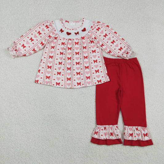 Baby Girl Long Sleeves Embroidery Hearts Bows Tunic Red Ruffle Pants Valentine's Day Set