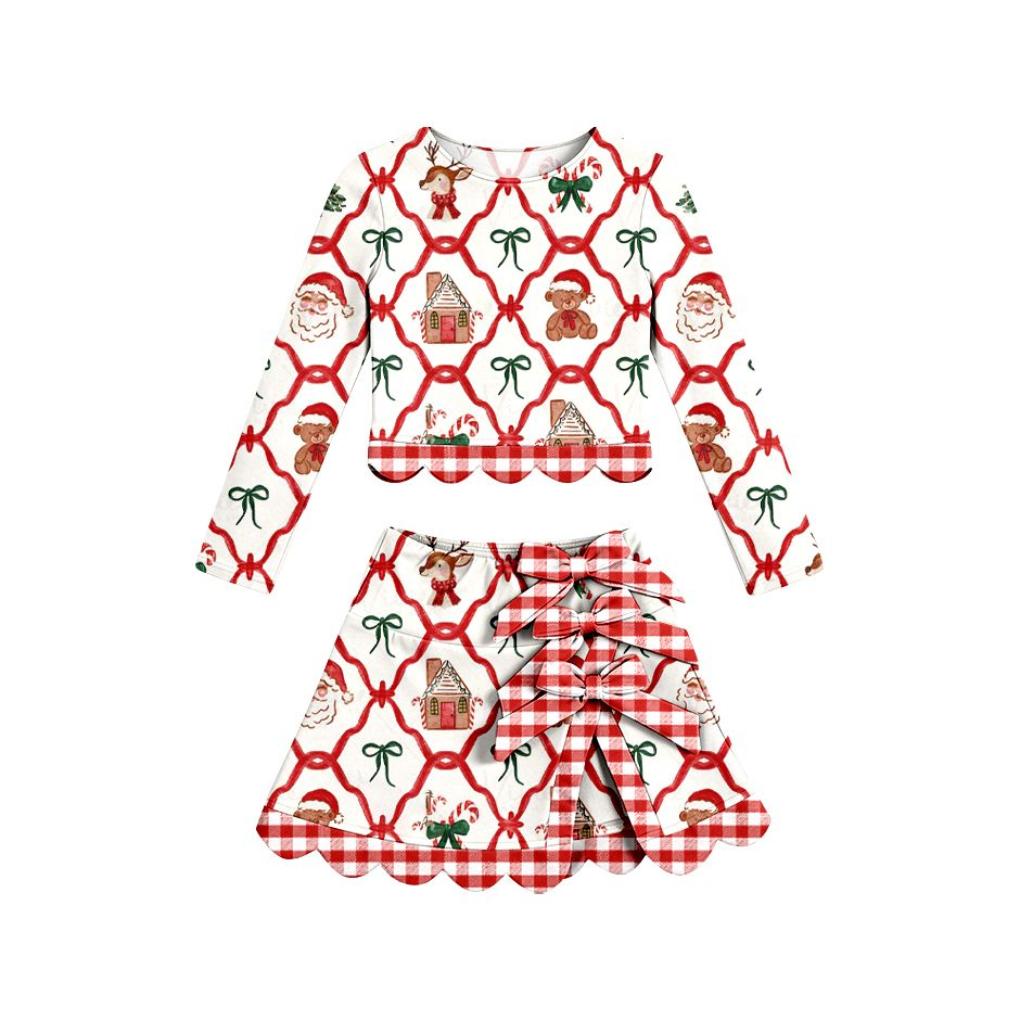 ( Moq 5 ) Preorder Baby Girls Kids Christmas Santa Shirt Bows Scallop Skirt Shorts Yoga Active Set Clothes