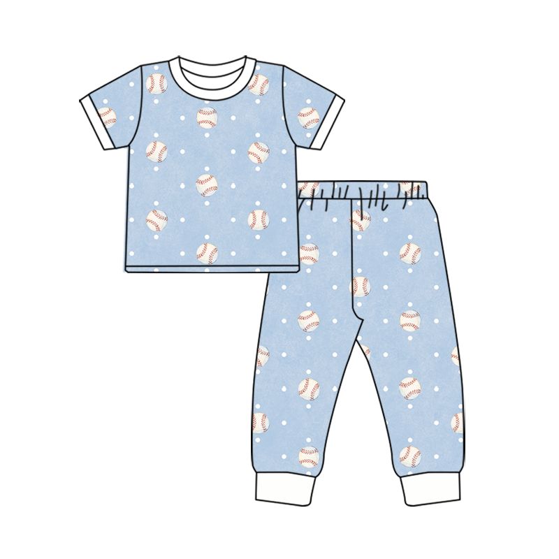 ( Moq 5 ) Preorder Baby Boys Kids Short Sleeves Baseball Blue Shirt Pants Set Pajamas Clothes