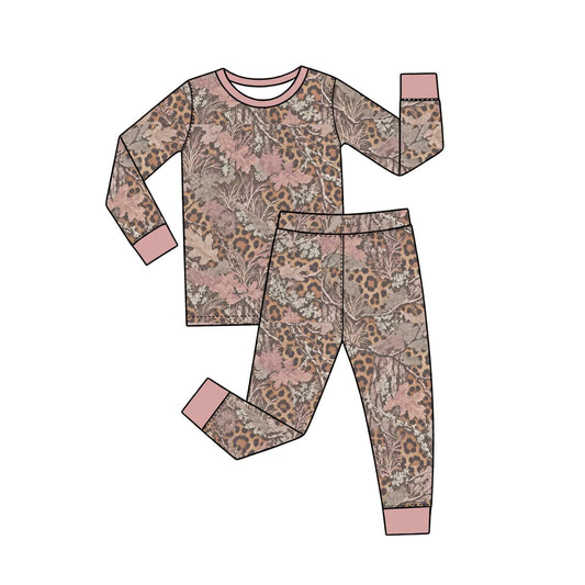 ( Moq 5 ) Preorder Baby Girls Kids Long Sleeves Leaves Leopard Shirt Pants Set Pajamas Clothes