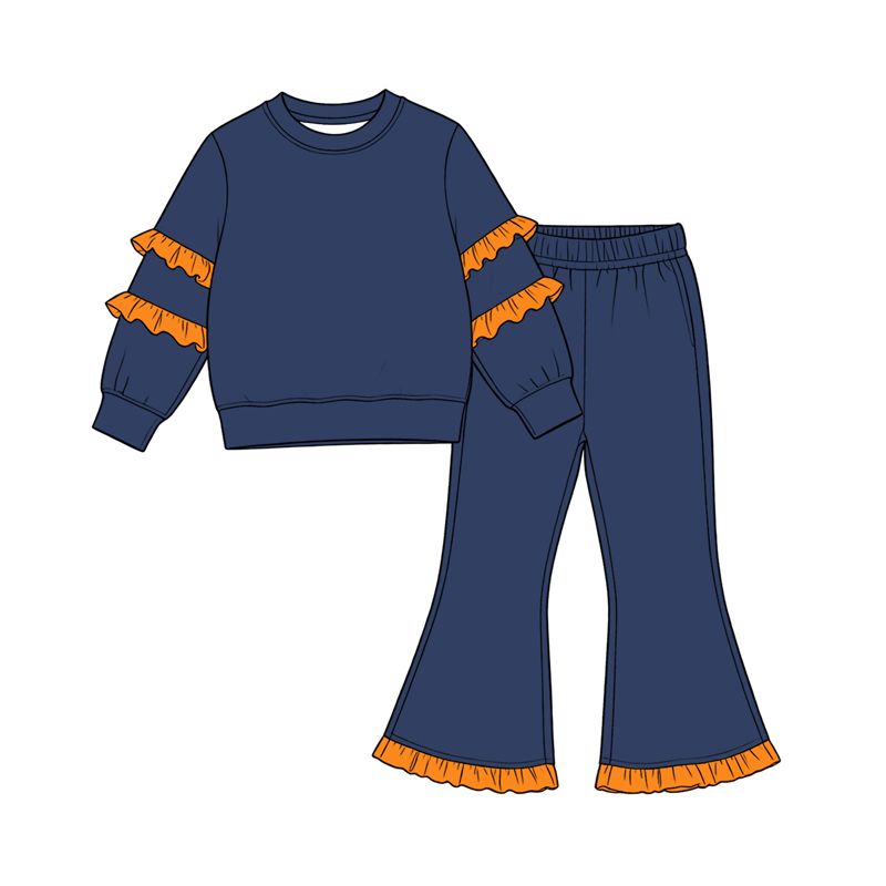 ( Moq 5 ) Preorder Baby Girls Kids Long Sleeves Tops Bell Pants Navy Set Cotton Clothes
