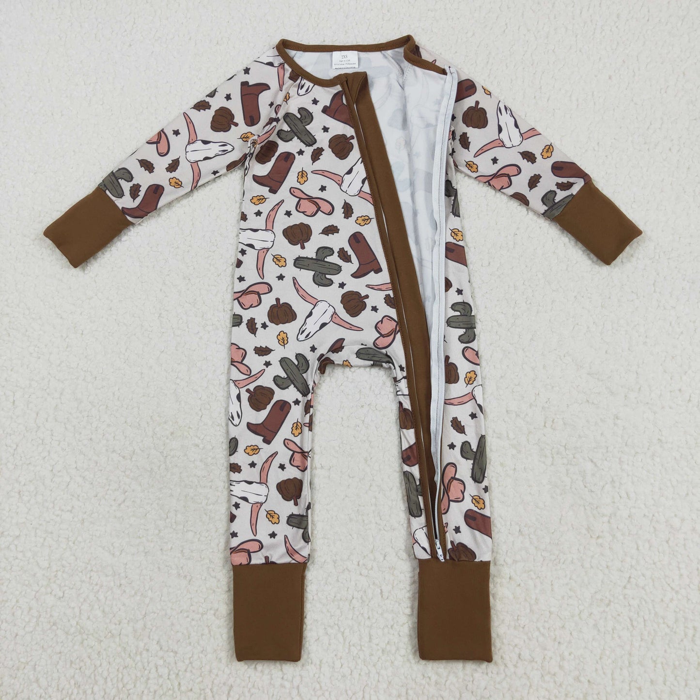 Baby Boy Long Sleeves Pumpkins Western Cow Boots Cactus Zipper Fall Romper RTS