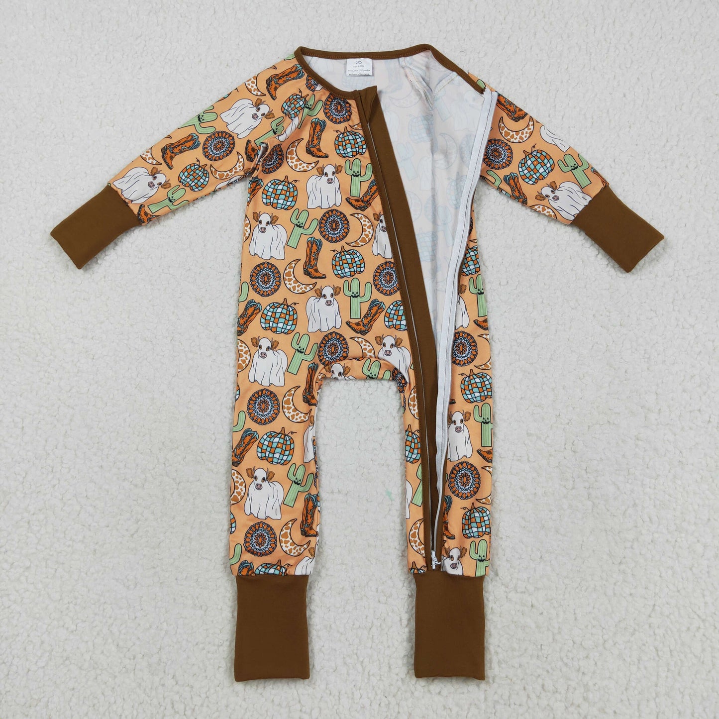 Baby Boy Long Sleeves Cow Cactus Boots Zipper Western Halloween Romper RTS