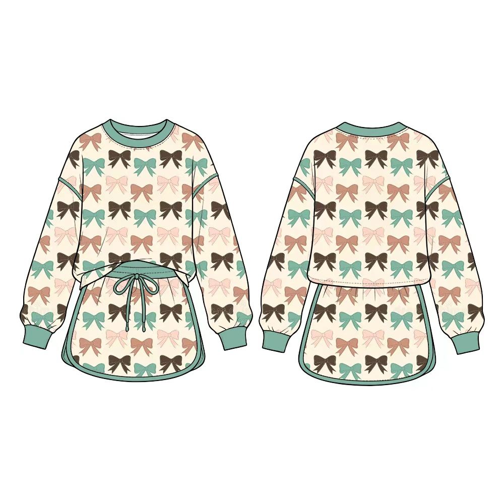 ( Moq 5 ) Preorder Baby Girls Kids Long Sleeves Bows Shirt Skirt Shorts Set Clothes