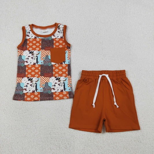 Baby Boys Western Cow Print Aztec Plaid Shirt Pockets Shorts Clothes Set RTS