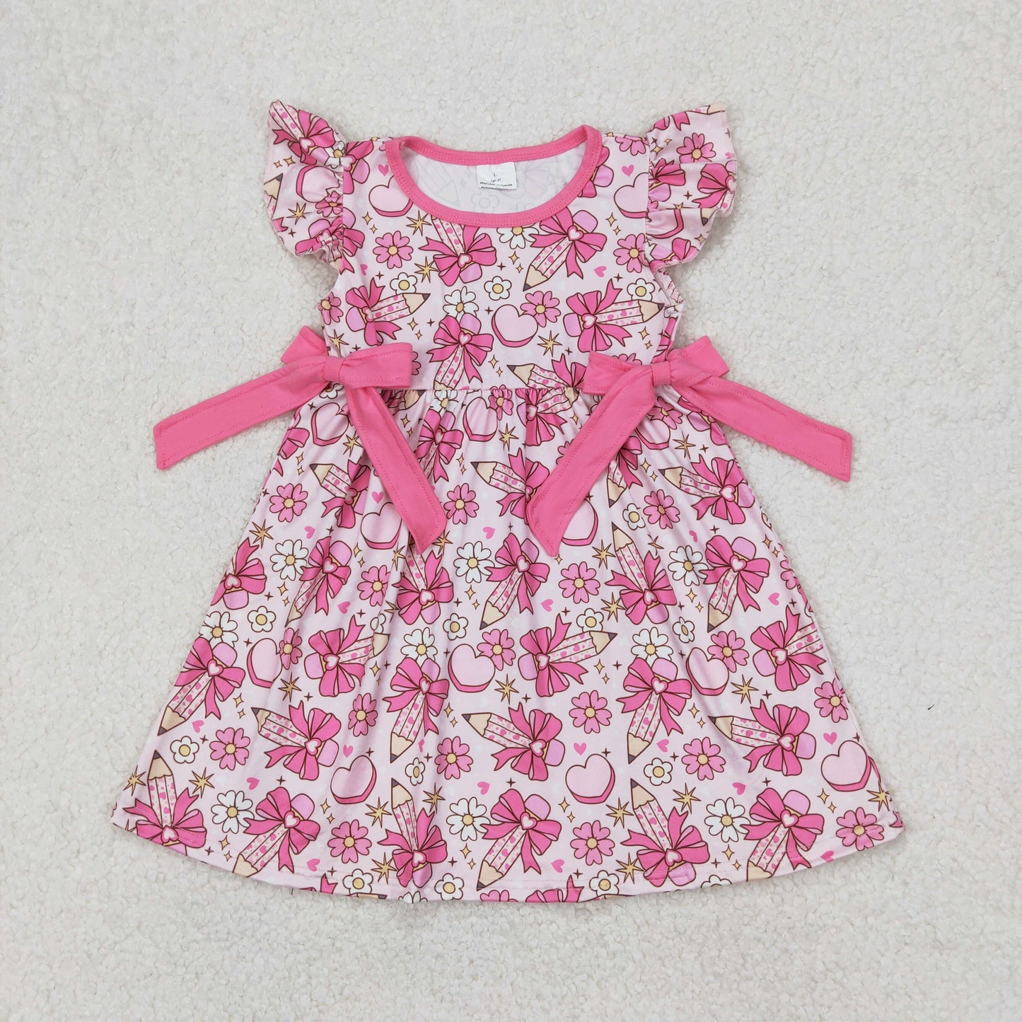 Baby Girl Pencils Bows Hearts Flowers Back To School Pink Dress RTS