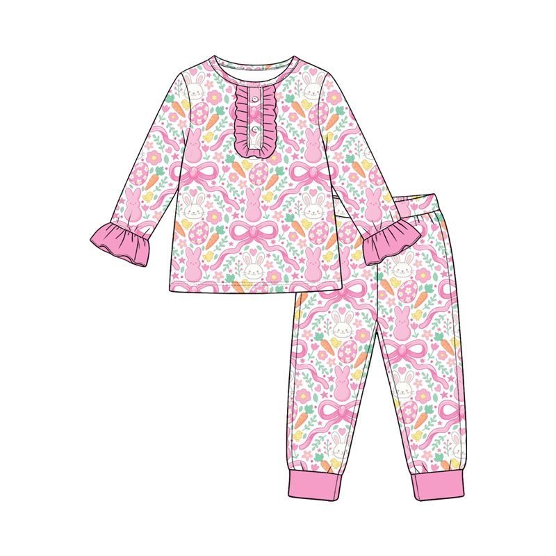 ( Moq 5 ) Preorder Baby Girls Kids Rabbits Eggs Flower Shirt Pants Easter Set Pajamas Clothes