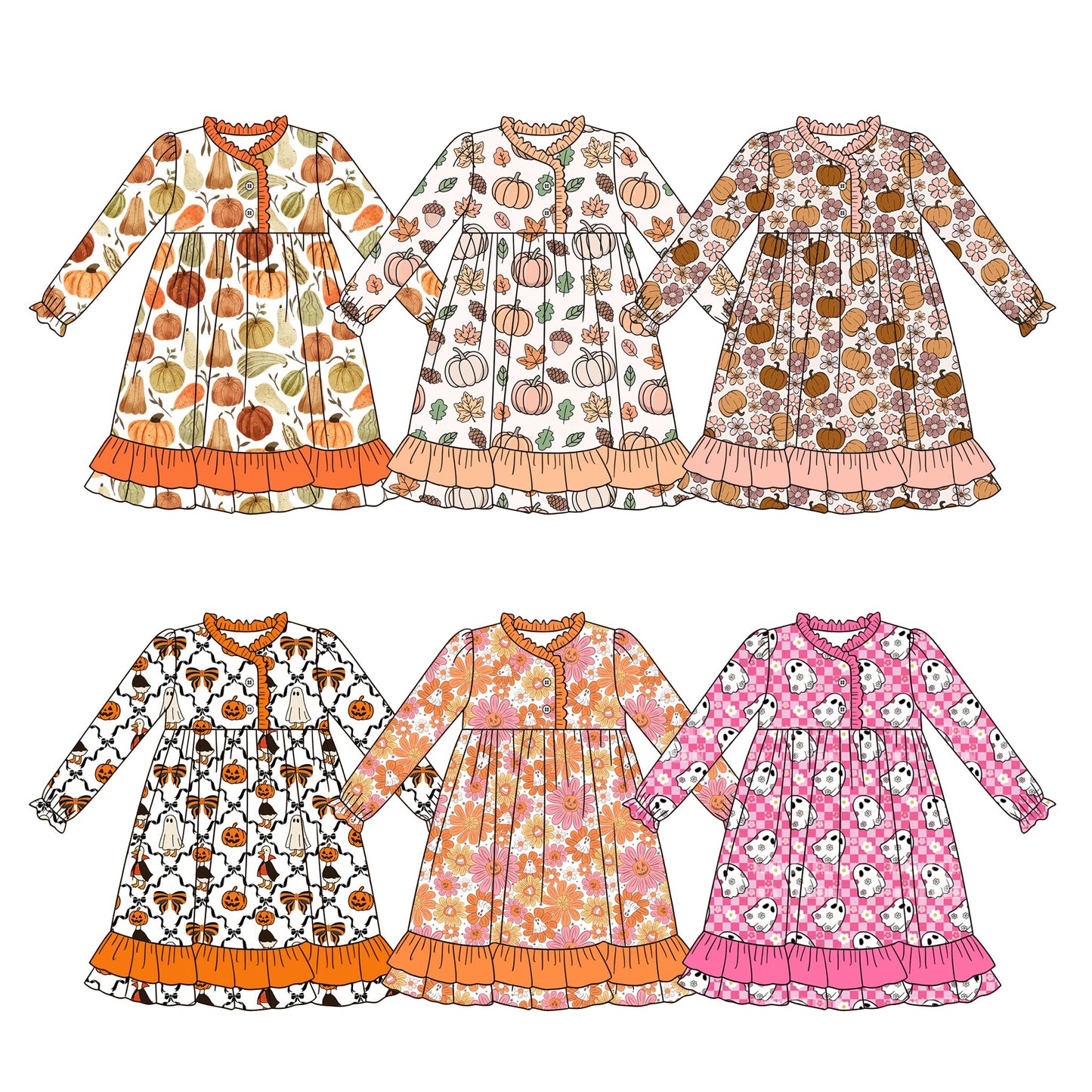 ( Moq 5 Each Style ) Sibling Baby Girls Kids Long Sleeves Pumpkins Ghosts Dresses Fall Clothes
