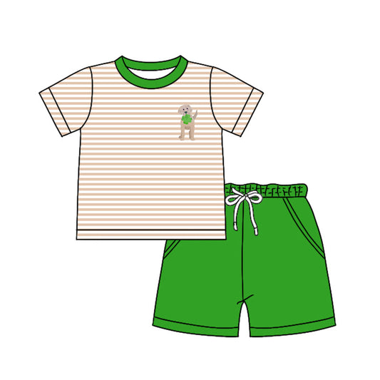 Baby Boy Short Sleeves Stripes Dog Shirt Green Pockets Shorts Clothes Set Moq 5