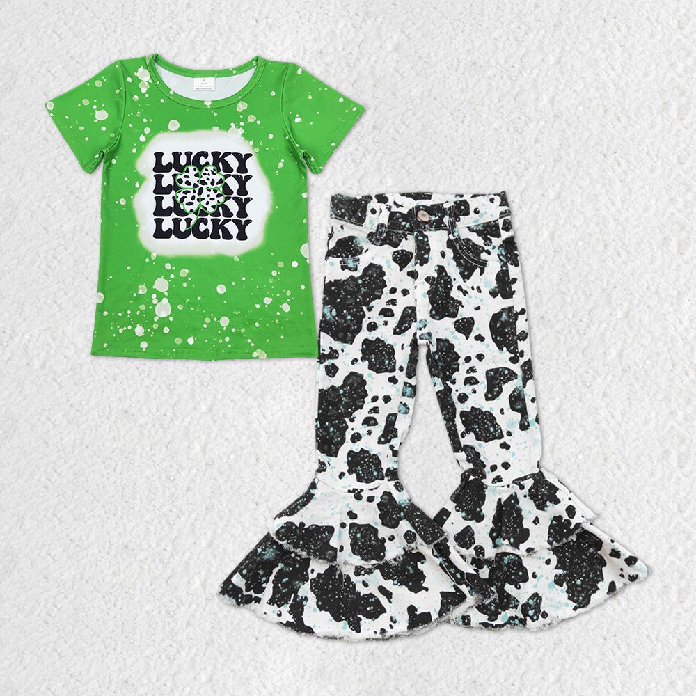 GSPO1296 Baby Girl St. Patrick's Day Green Shirt Cow Print Denim Pants Set