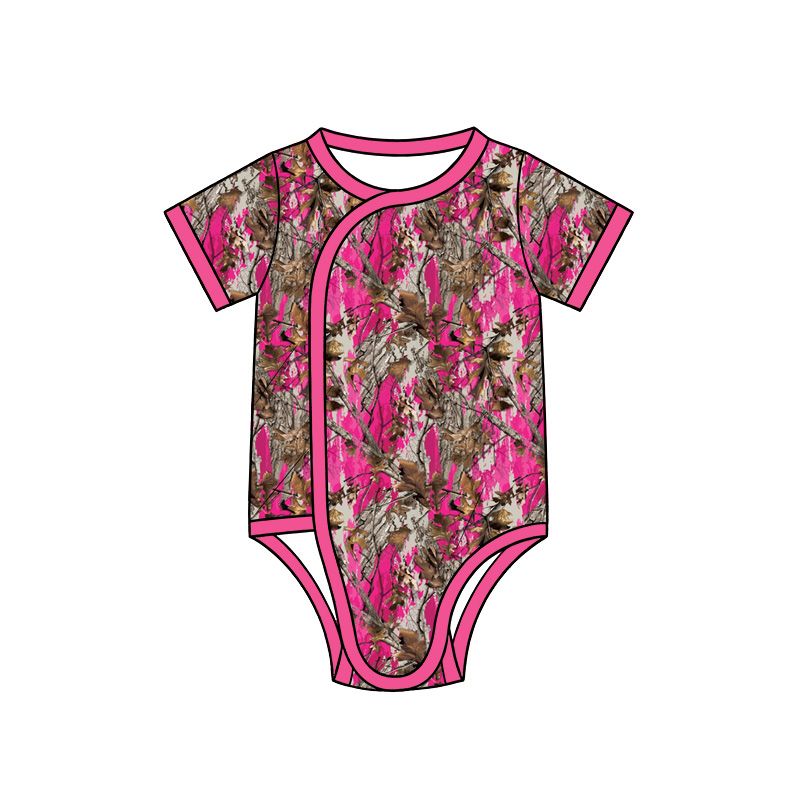 ( Moq 5 ) Preorder Baby Girls Newborn Short Sleeves Leaves Romper Pink Bodysuit