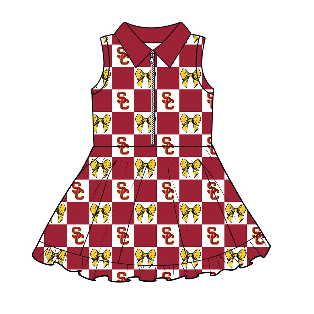 ( Moq 5 ) Baby Girls Kids Sleeveless SC Bows Checked Team Zipper Shorts Knee Length Dress