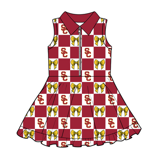 ( Moq 5 ) Baby Girls Kids Sleeveless SC Bows Checked Team Zipper Shorts Knee Length Dress
