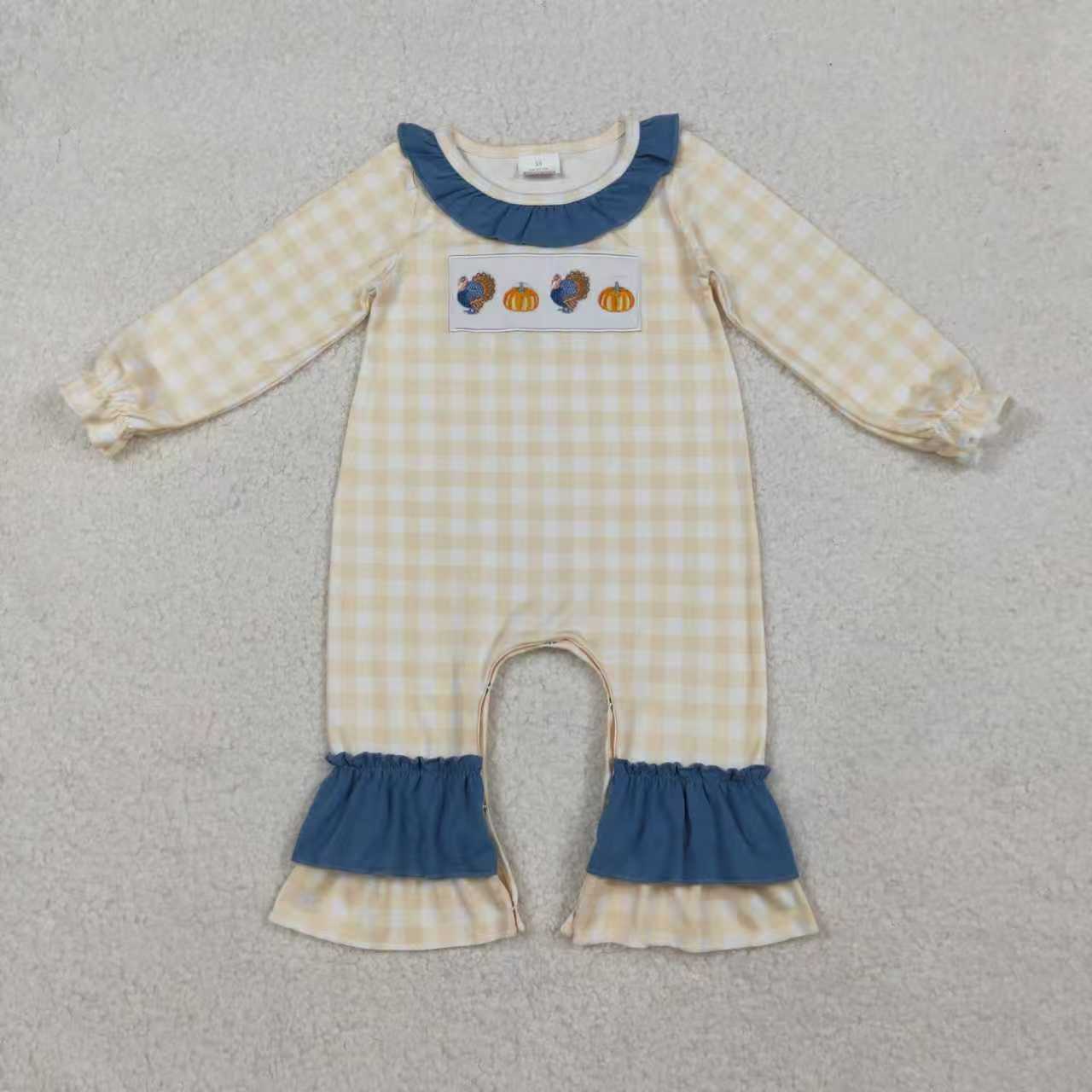 Sibling Baby Boys Girls Embroidery turkey Pumpkins Plaid Thanksgiving Fall Romper Set RTS