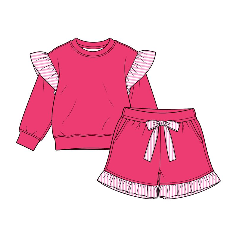 ( Moq 5 ) Preorder Baby Girls Kids Hot Pink Long Sleeves Tops Pockets Shorts Cotton Set Clothes