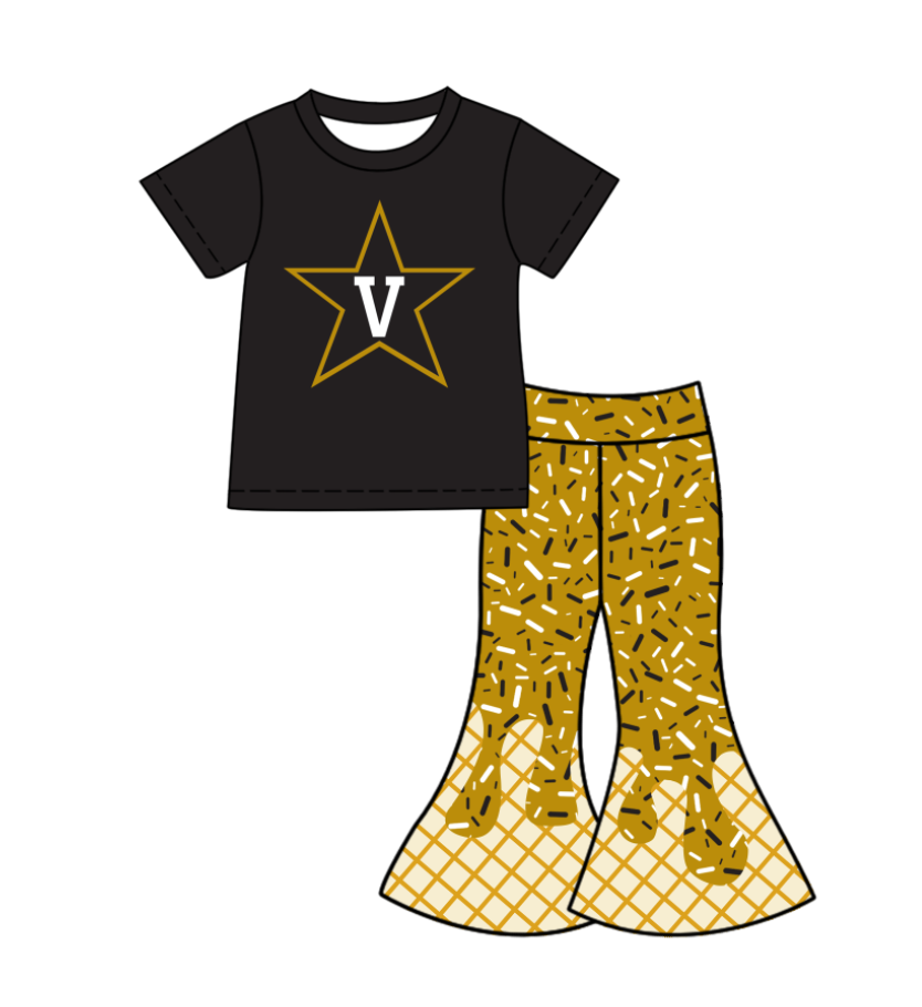 ( Moq 5 ) Baby Girls Black Short Sleeves V Shirt Drip Sprinkles Bell Pants Team Clothes Set