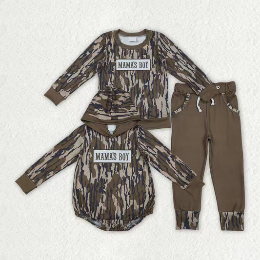 Sibling Baby Boys Kids Long Sleeves Embroidery Mama's Boy Camo Romper Set RTS