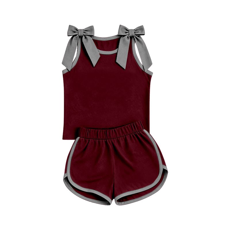 ( Moq 5 ) Preorder Baby Girls Kids Grey Bows Shirt Shorts Dark Red Set Summer Clothes