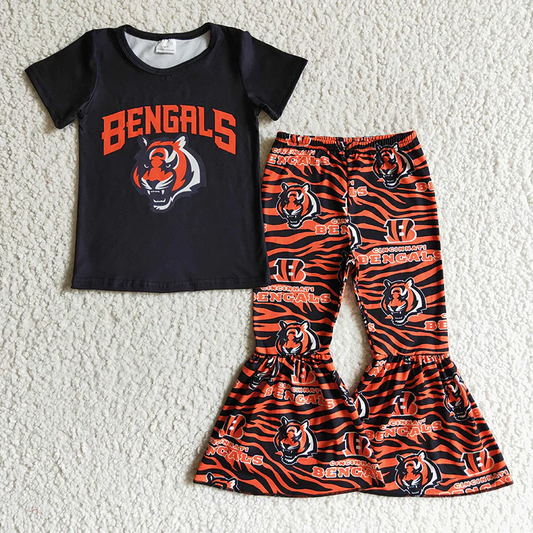 Promotion Baby Girl Short Sleeves Tigers Shirt Bell Pants Team Outfit RTS