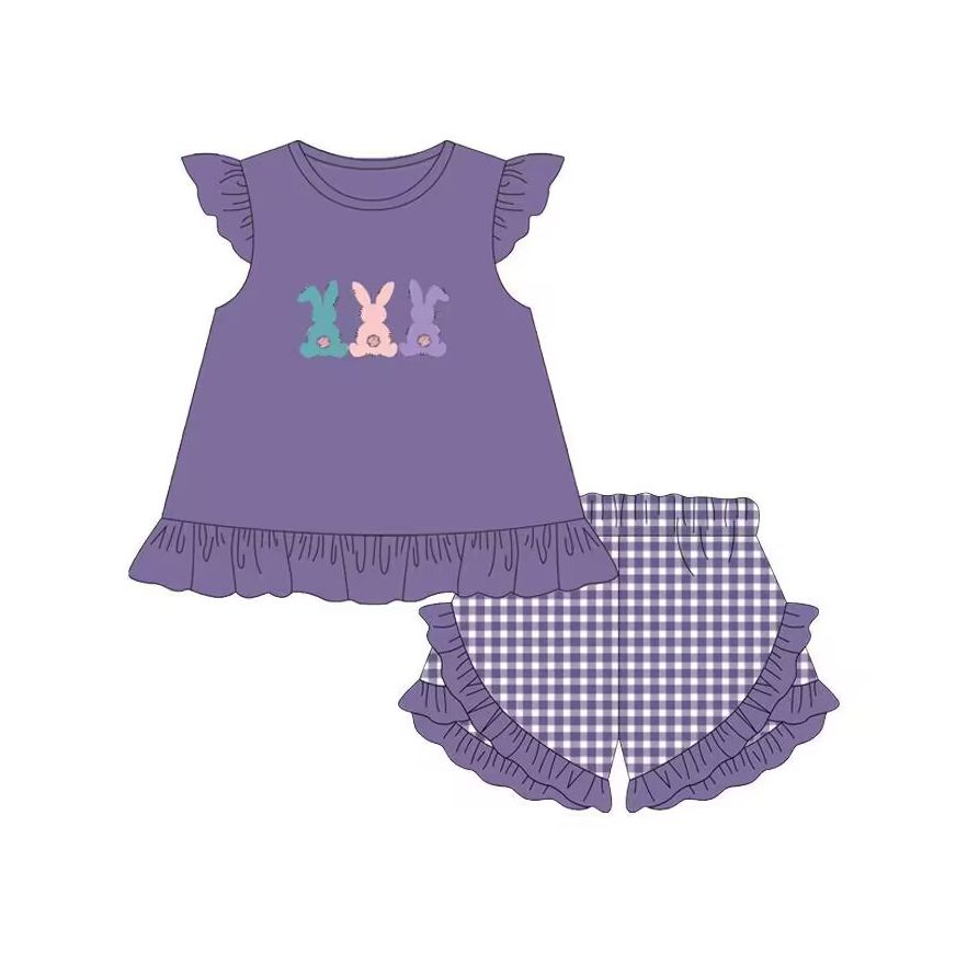 Moq 3 Pre-order GSSO0471 Baby Girl Rabbit Tops Purple Plaid Ruffle Shorts Easter Set