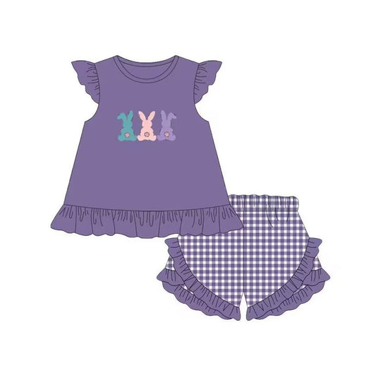 Moq 3 Pre-order GSSO0471 Baby Girl Rabbit Tops Purple Plaid Ruffle Shorts Easter Set