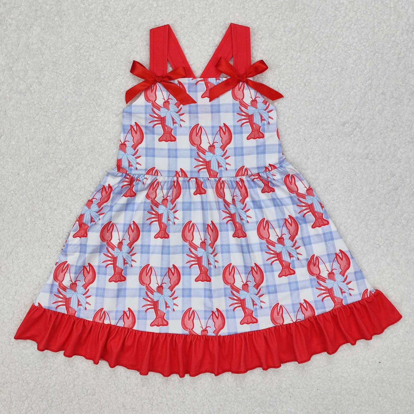 Baby Girl Straps Checkered Crawfish Bows Knee Length Dress RTS
