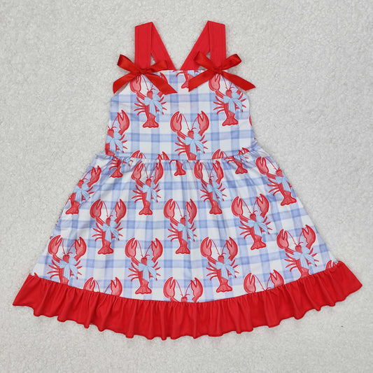 Baby Girl Straps Checkered Crawfish Bows Knee Length Dress RTS