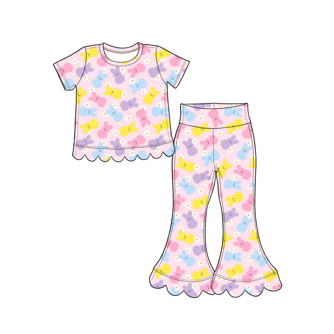 ( Moq 5 ) Preorder Baby Girls Kids Rabbits Flower Shirt Scallop Pants Easter Set Clothes