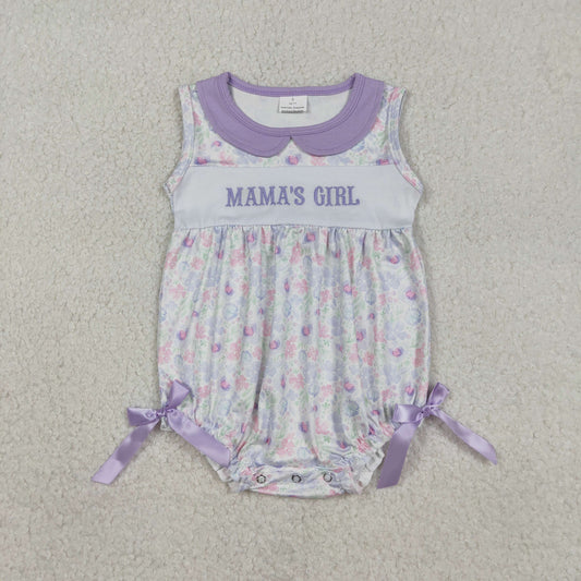 Baby Kids Sleeveless Embroidery Mama's Girl Flower Purple Bows Bubble Romper RTS