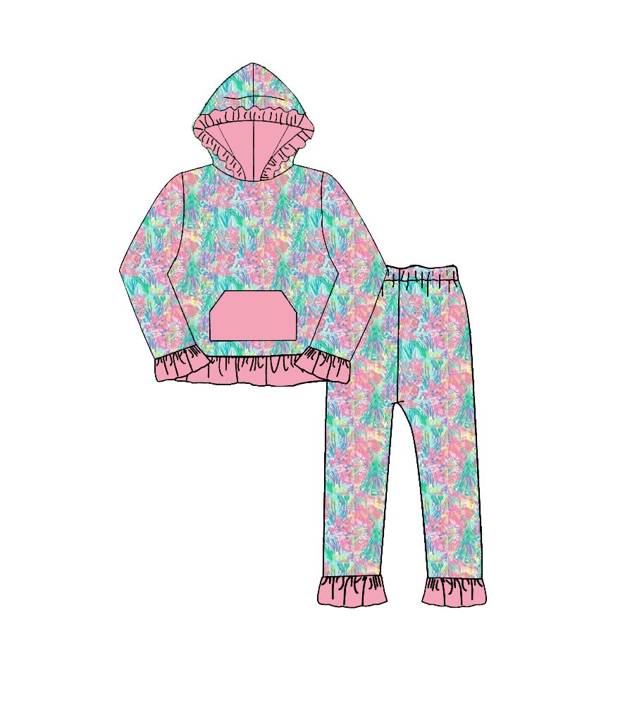 ( Moq 5 ) Preorder Baby Girls Kids Long Sleeves Pocket Hoodie Pullover Flower Pants Set Clothes
