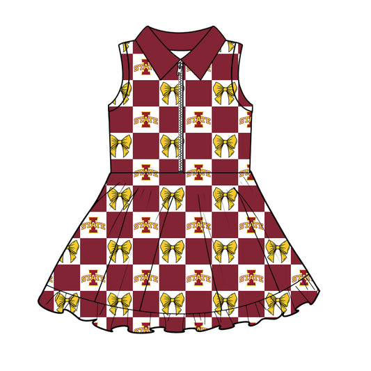 ( Moq 5 ) Baby Girls Kids Toddler Bows Dark Red Checked Team Zipper Shorts Knee Length Dress