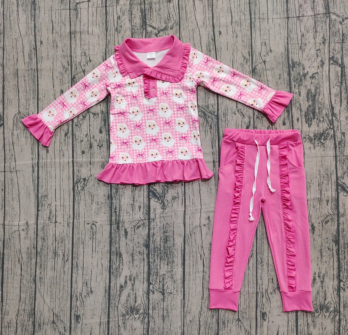 Girls Kids Long Sleeves Santa Christmas Shirt Pink Ruffle Pants Set RTS