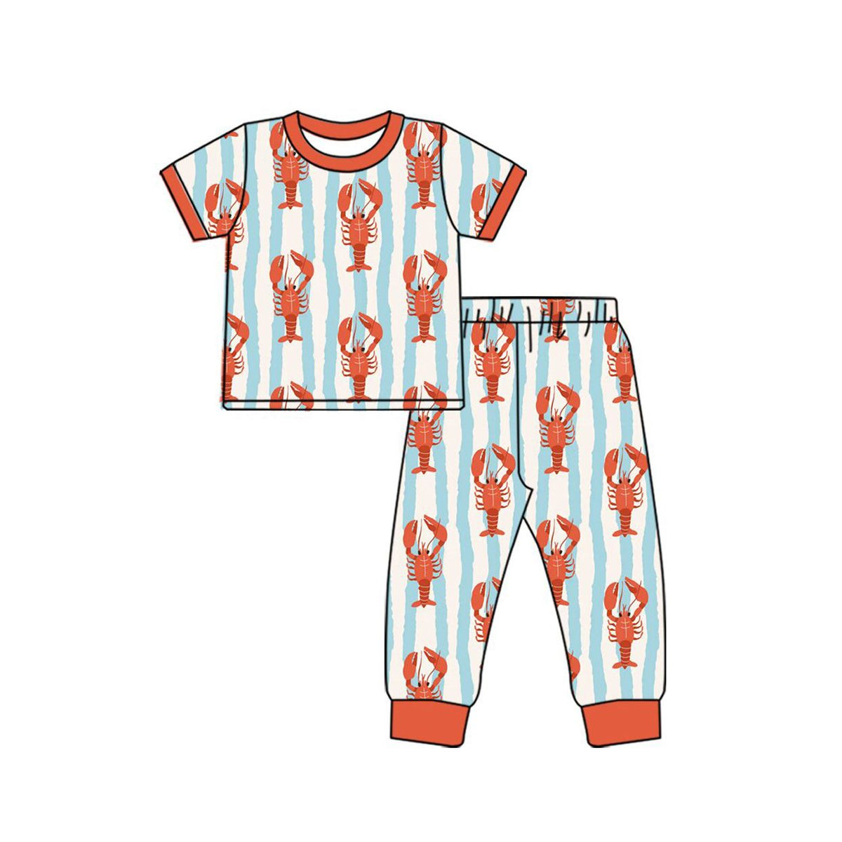 ( Moq 5 ) Preorder Baby Boys Kids Short Sleeves Crayfish Stripes Shirt Pants Set Pajamas Clothes