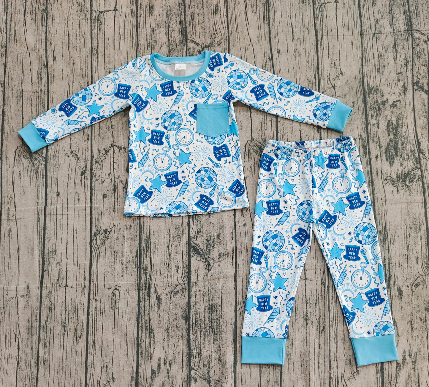 Boys Kids Long Sleeves Shirt Pants Happy New Year Blue Pajamas Set RTS