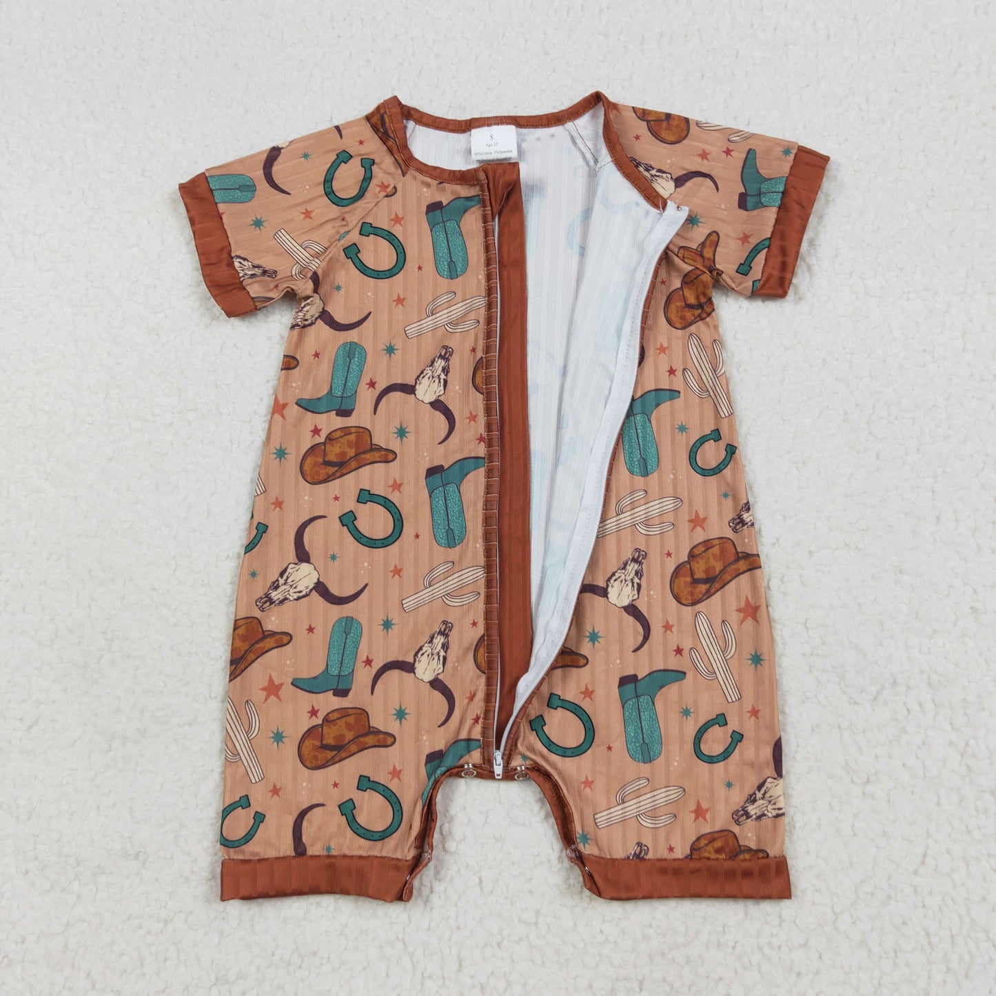 Baby Kids Infant Short Sleeves Western Boots Hats Cow Zipper Ribbed Romper RTS