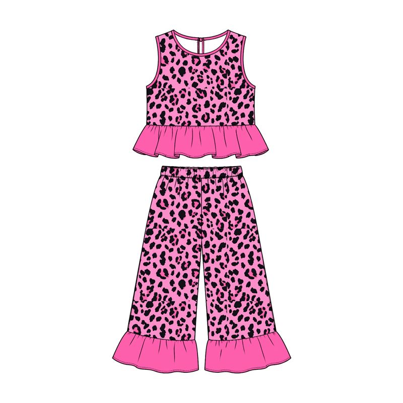 ( Moq 5 ) Preorder Baby Girls Kids Sleeveless Leopard Shirt Ruffle Pants Set Pink Clothes