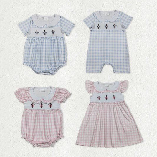 Sibling Baby Boys Kids Short Sleeves Embroidery Crosses Plaid Easter Rompers Dress RTS