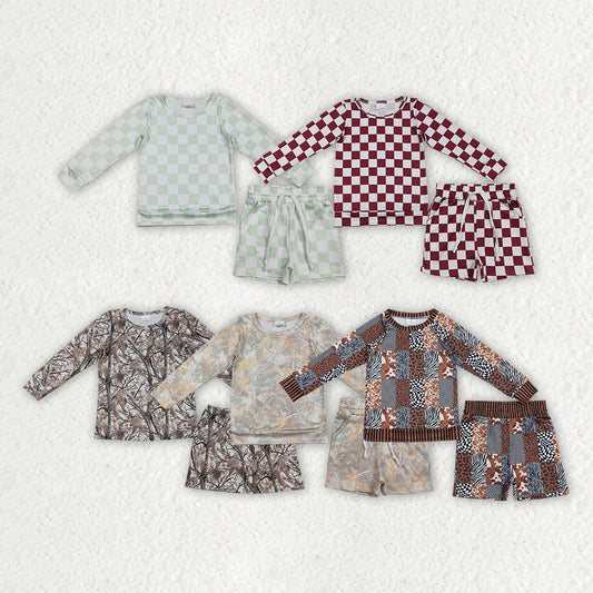 Sibling Baby Girls Kids Long Sleeves Camo Plaid Shirts Shorts Pajamas Sets Clothes RTS